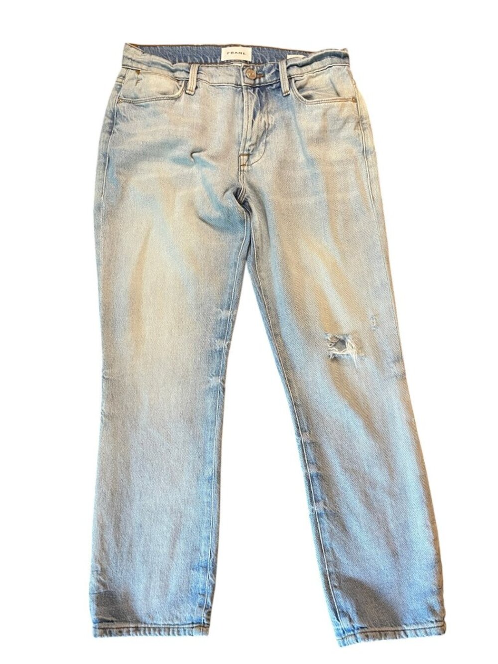 FRAME Le High Straight Distressed Light Wash Jeans – 25